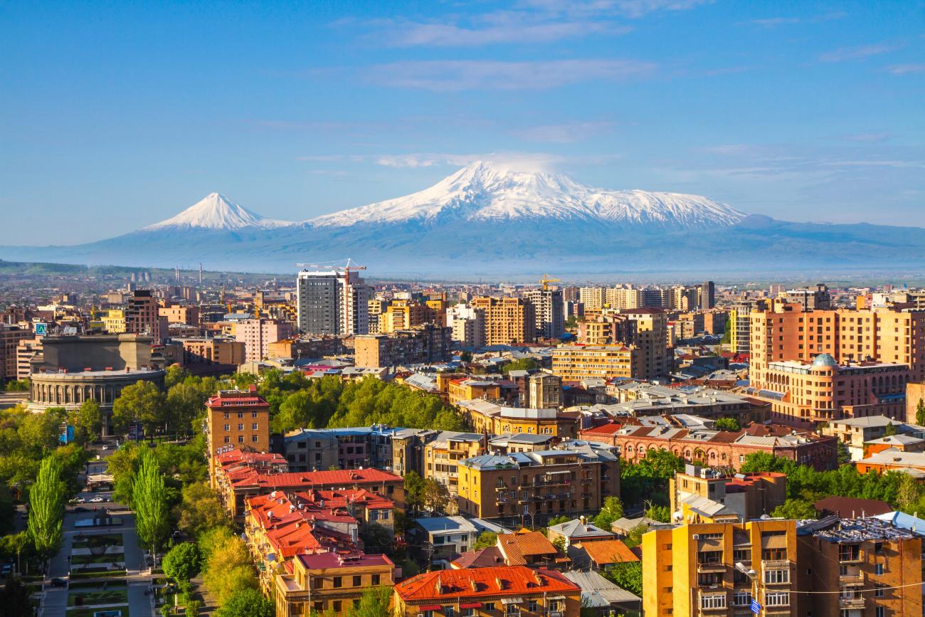 Cityscape of Yerevan, capital of Armenia, with Mount Ararat in the background